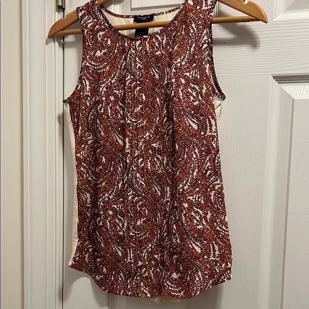 Ann Taylor Factory Orange/Cream Print Sleeveless Tank Top